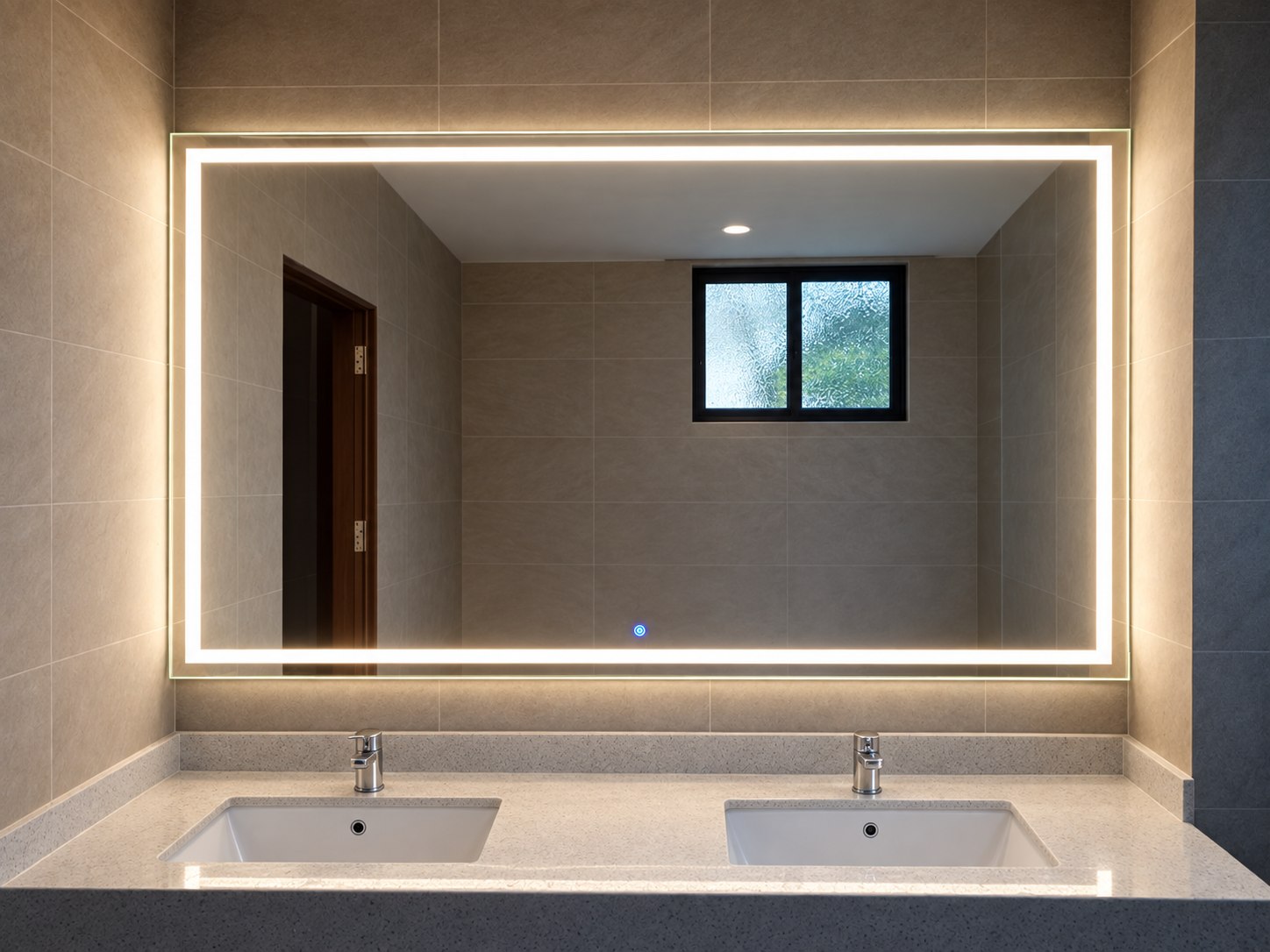 Wide illuminated Adorable bathroom mirror above a vanity