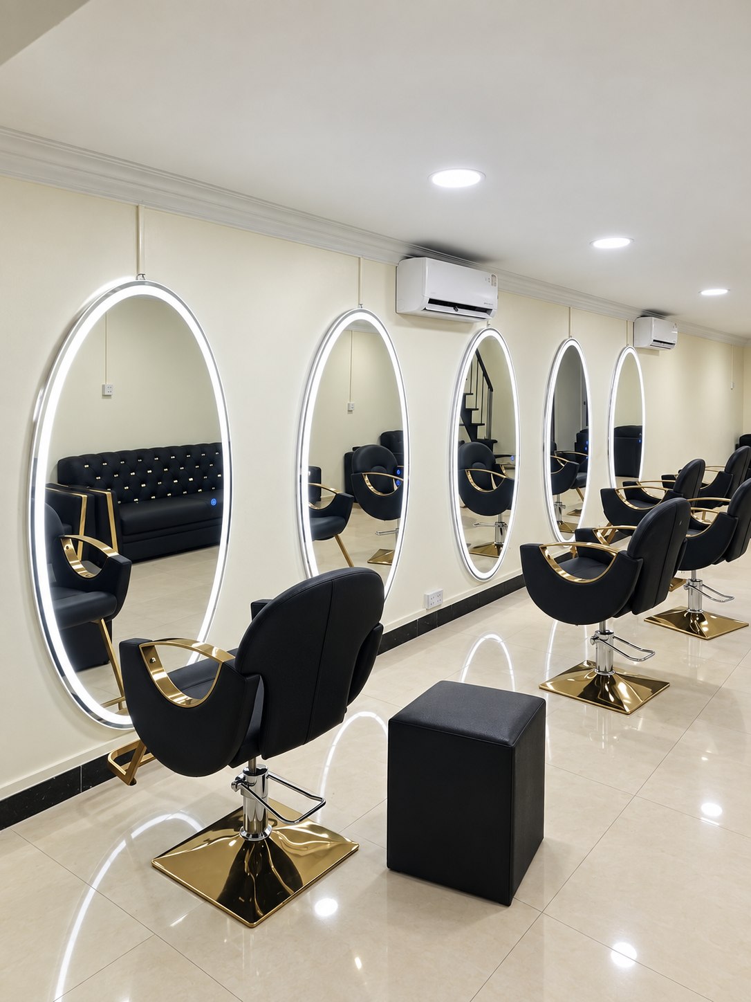 A row of organic LED mirrors installed in a salon